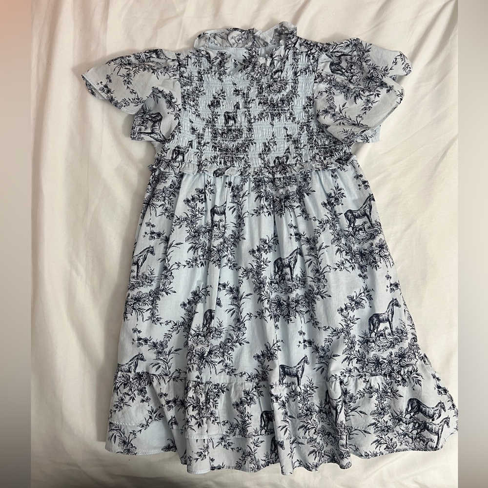 Janie and Jack Light Blue Dress with Navy Horse Pattern
